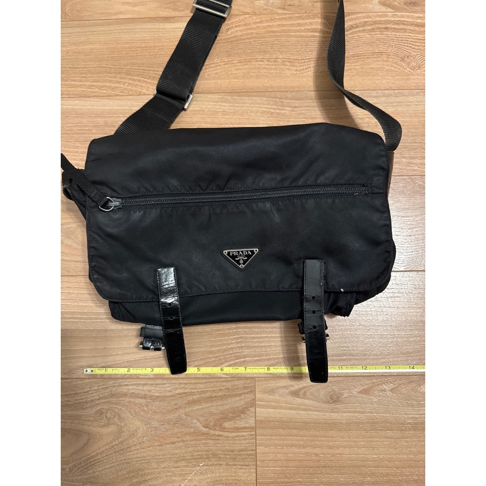Prada Black Nylon Messenger Bag Crossbody Vela Buckle Flap Logo Vintage Large - Picture 7 of 12